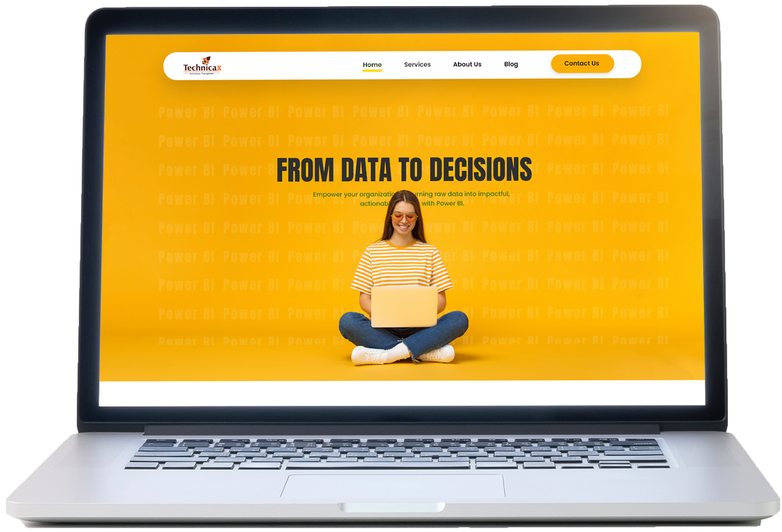 The image showcases a laptop displaying a vibrant website for a company named 'TechnicaX.'' The website features a bold yellow background with the phrase 'FROM DATA TO DECISIONS' prominently displayed. Below this, there's a tagline that emphasizes empowering organizations to transform raw data into actionable insights using Power BI.