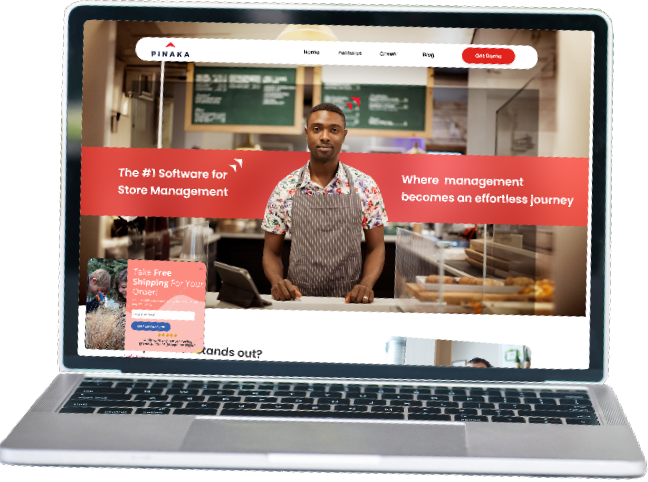 The image features a laptop displaying a website for 'Pinaka,' which is promoted as the '#1 Software for Store Management.' The website has a clean and modern design, with a prominent red banner that states, 'Where management becomes an effortless journey.' 